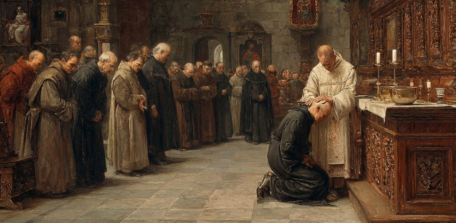 Medieval parishioners receive ashes on Ash Wednesday in a candlelit church.