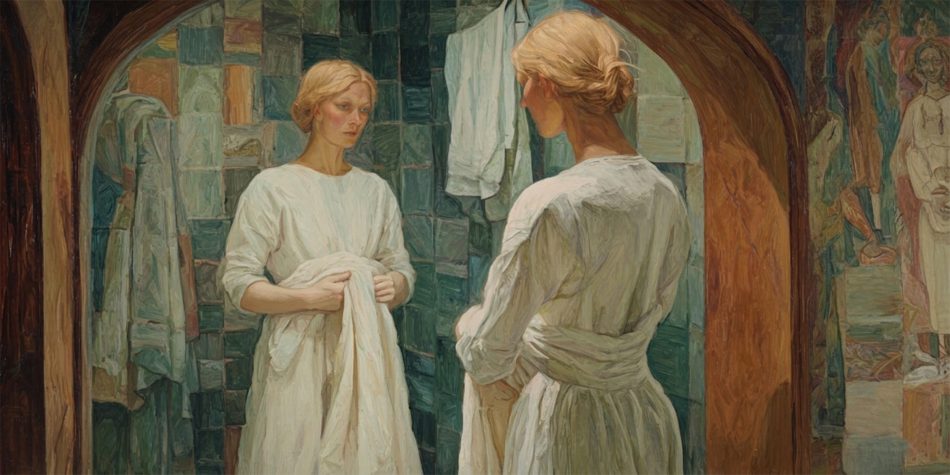 A woman faces her reflection, evoking questions of embodiment raised by body-self dualism.