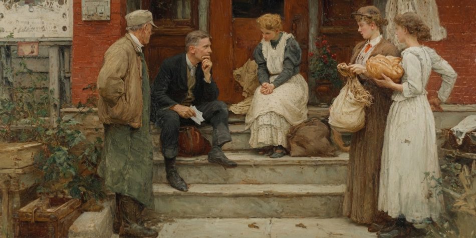 A strained conversation among neighbors softens into care, showing faith and politics shaped by mercy.