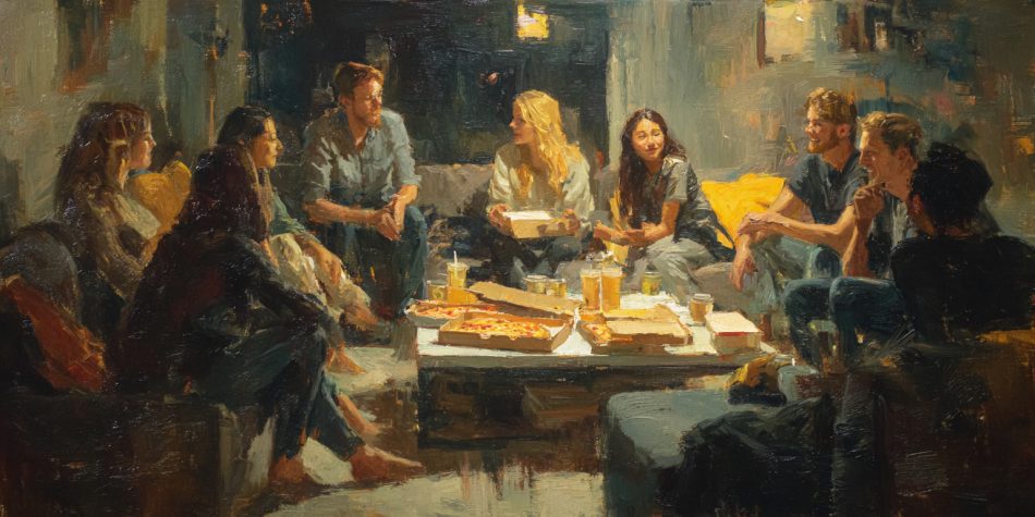 Friends together discussion current events, illustrating the ability of people to overcome political division in America.