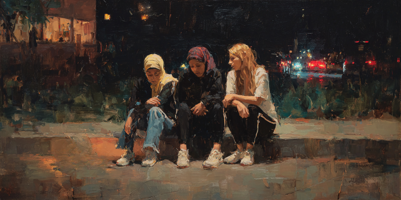 A Muslim woman, a modern Orthodox Jewish woman, and a Latter-day Saint woman, sit on a curb and comfort one another amidst religious persecution.