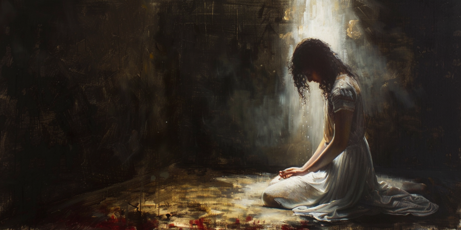 Woman kneels in prayer, surrounded by darkness but illuminated by divine light, symbolizing faith and resilience in Christ's Atonement.
